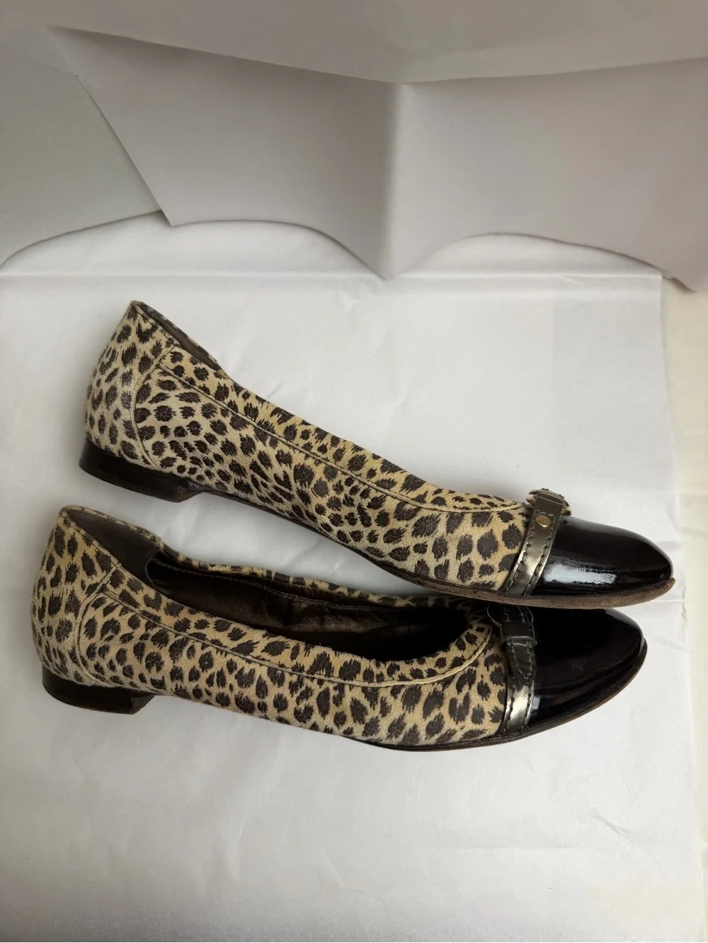 AGL Leopard Print Flats with Brown Patent Cap Toe and Gold Buckle